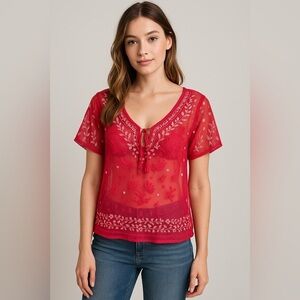 American Eagle Red Embroidered Sheer Boho Y2K Hippie Blouse  Romantic Preppy M